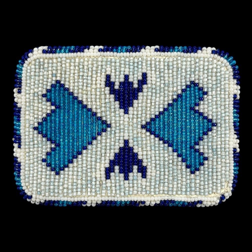 Belt Buckle Handcrafted Seed Bead Geometric Blue White Western Cowboy Accessory